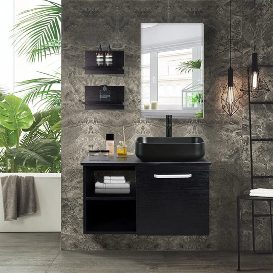 Floating Bathroom Vanity With Vessel Sink And Mirror Shelves