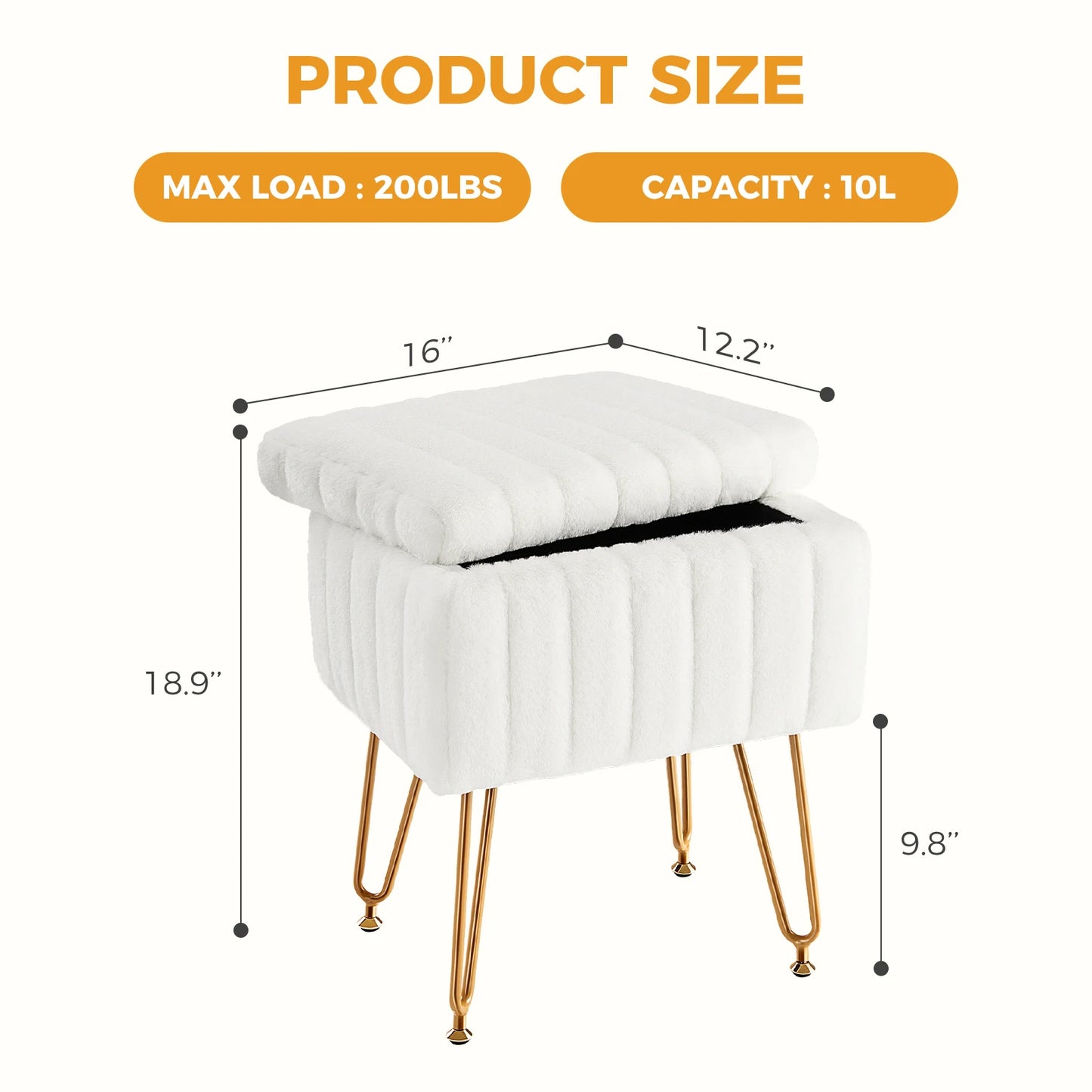 JHK Faux Fur Hidden Storage Ottoman Stool With Metal Legs