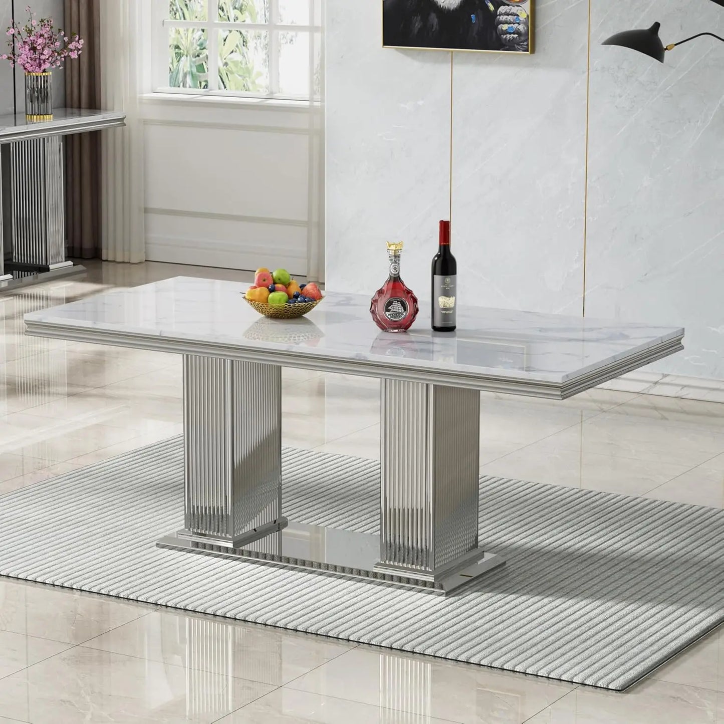 Marble Dining Table With Stainless Steel X Base For GourmetDiningRoomShowcaseExcellence