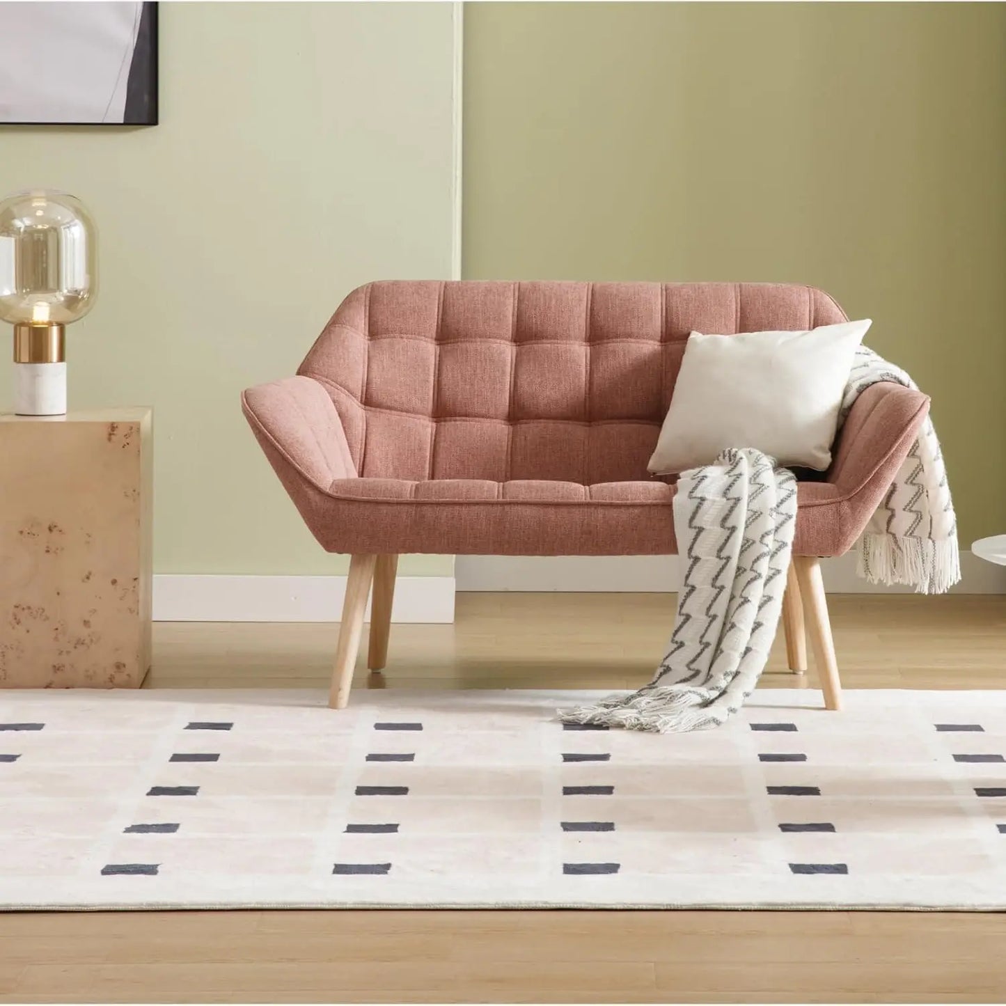 Modern Linen Loveseat Sofa With Quilted Back And Wood Legs