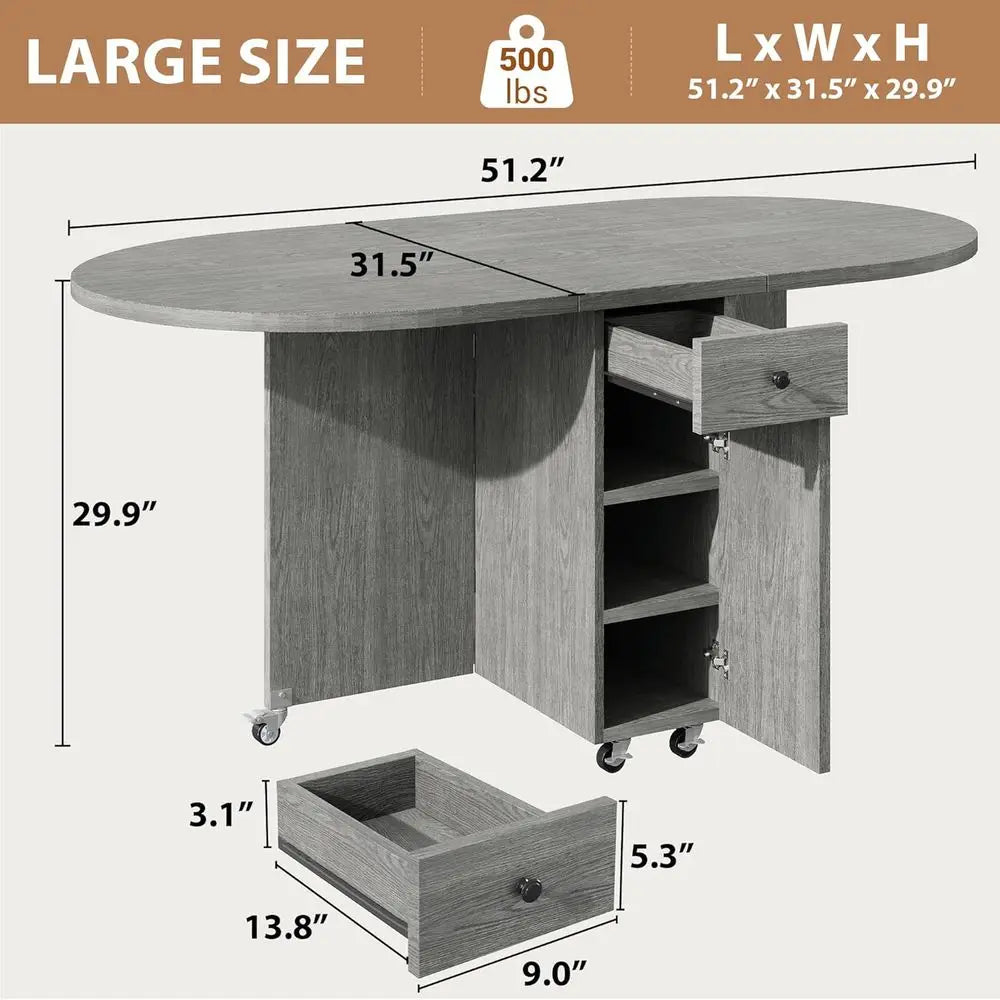 Space-Saving Oval Drop Leaf Dining Table With Storage Drawer And 2-Tier Shelf