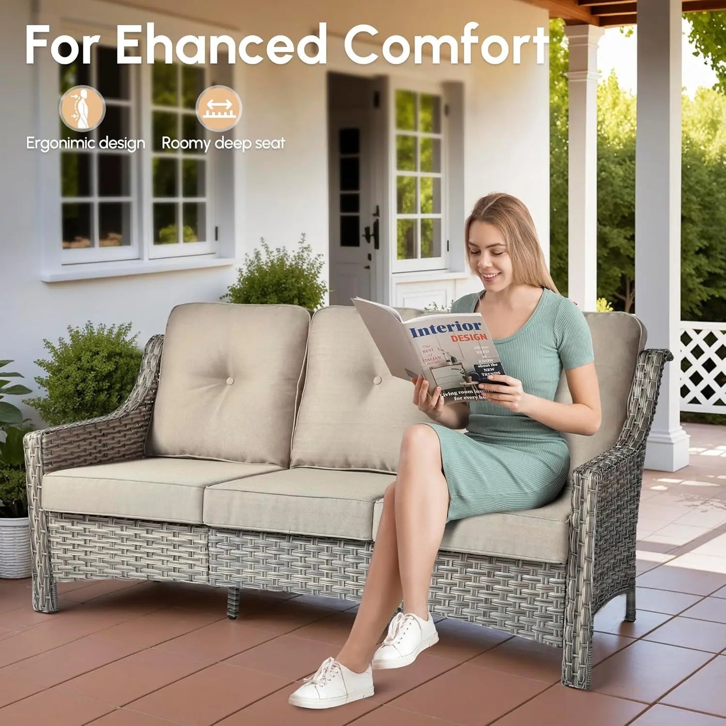 6 Piece All Weather Patio Outdoor Furniture Set Wicker Rattan Sofa Ottoman