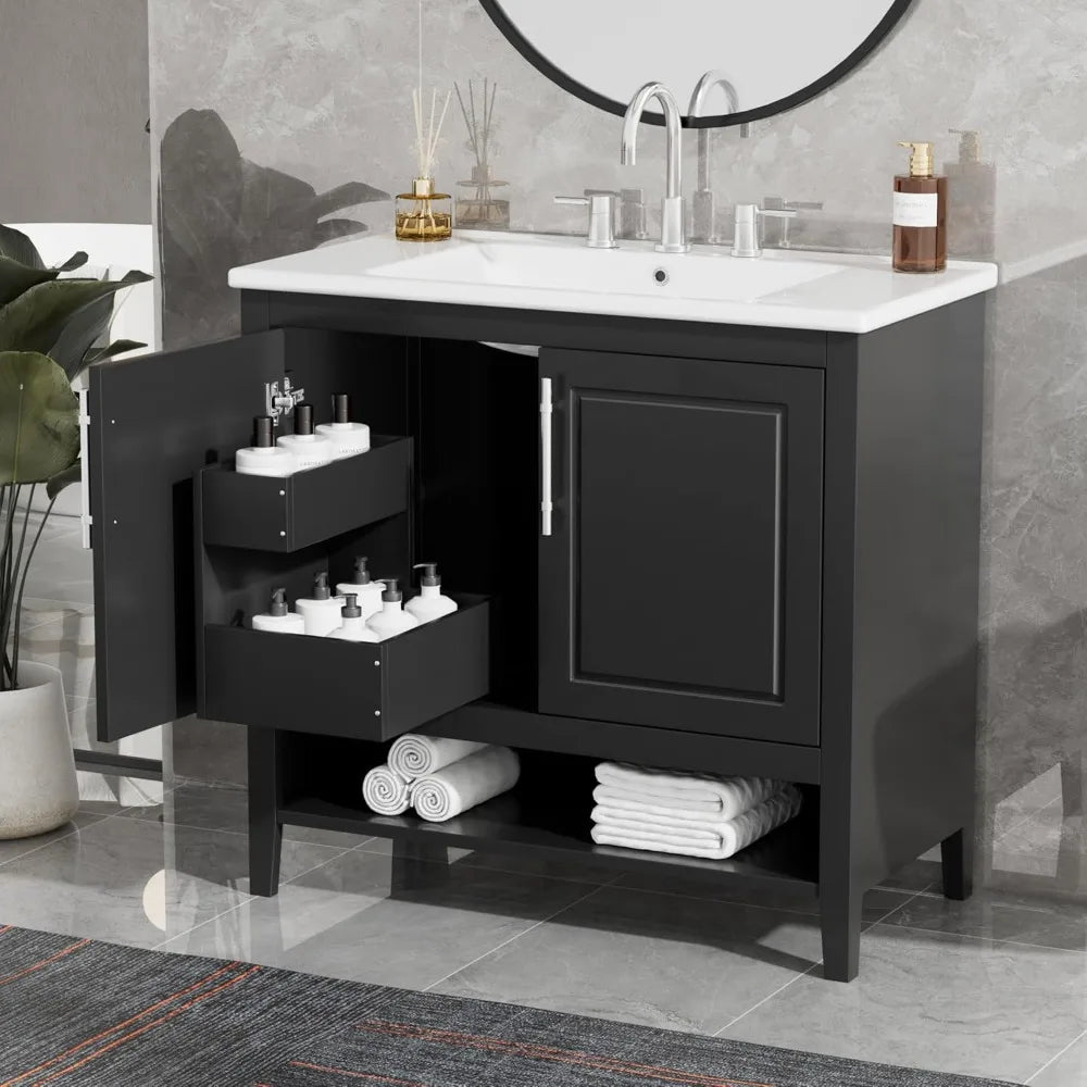 Modern Ceramic Sink Vanity With Two Drawers And Open Shelf