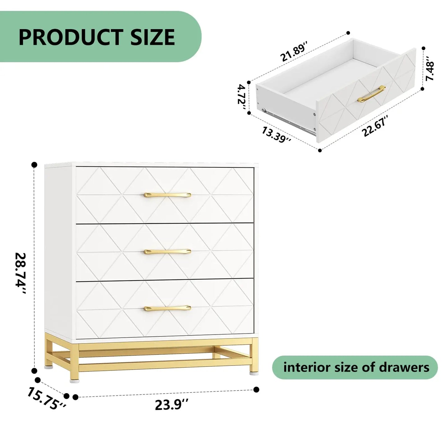 Studyset Three Drawer Dresser Chest of Drawers with Metal Handles