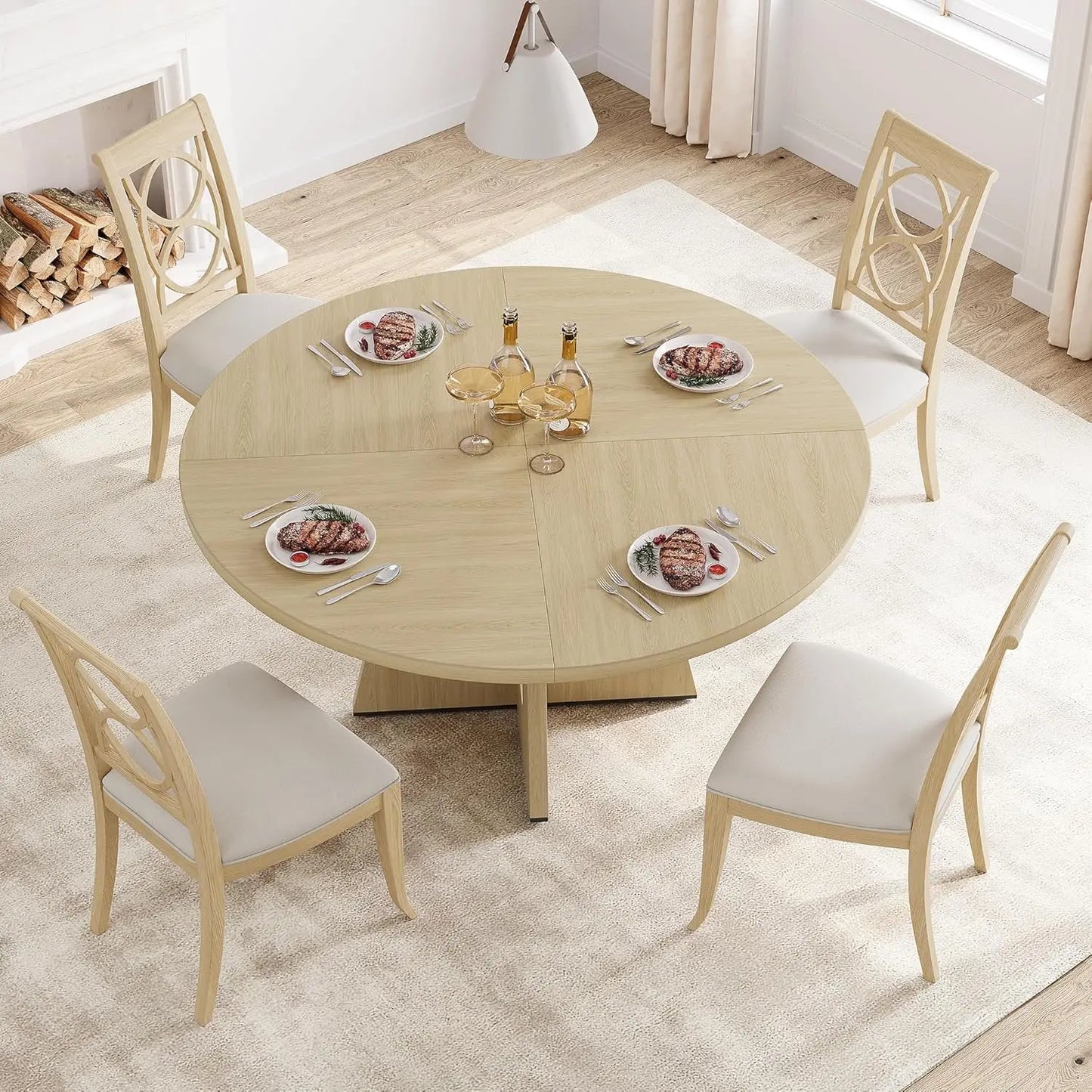 Round Farmhouse Dining Table Set With Wooden Top Pedestal Base