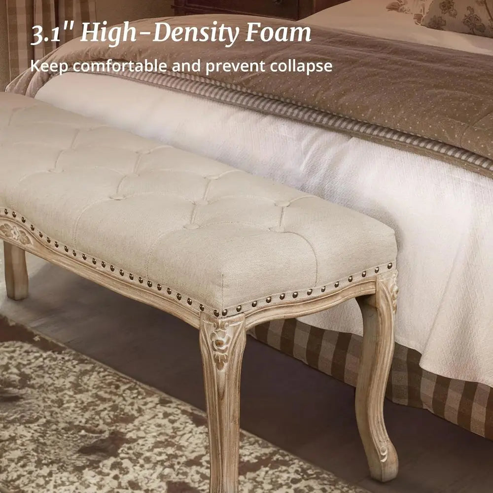 French Vintage Tufted Linen Bedroom Bench With Distressed Wood Legs