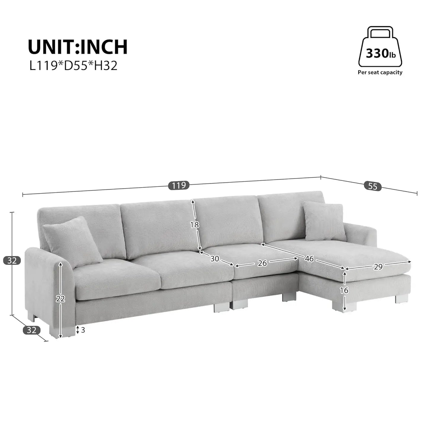 Modern L Shaped Chenille Sectional Sofa Set With Free Pillows