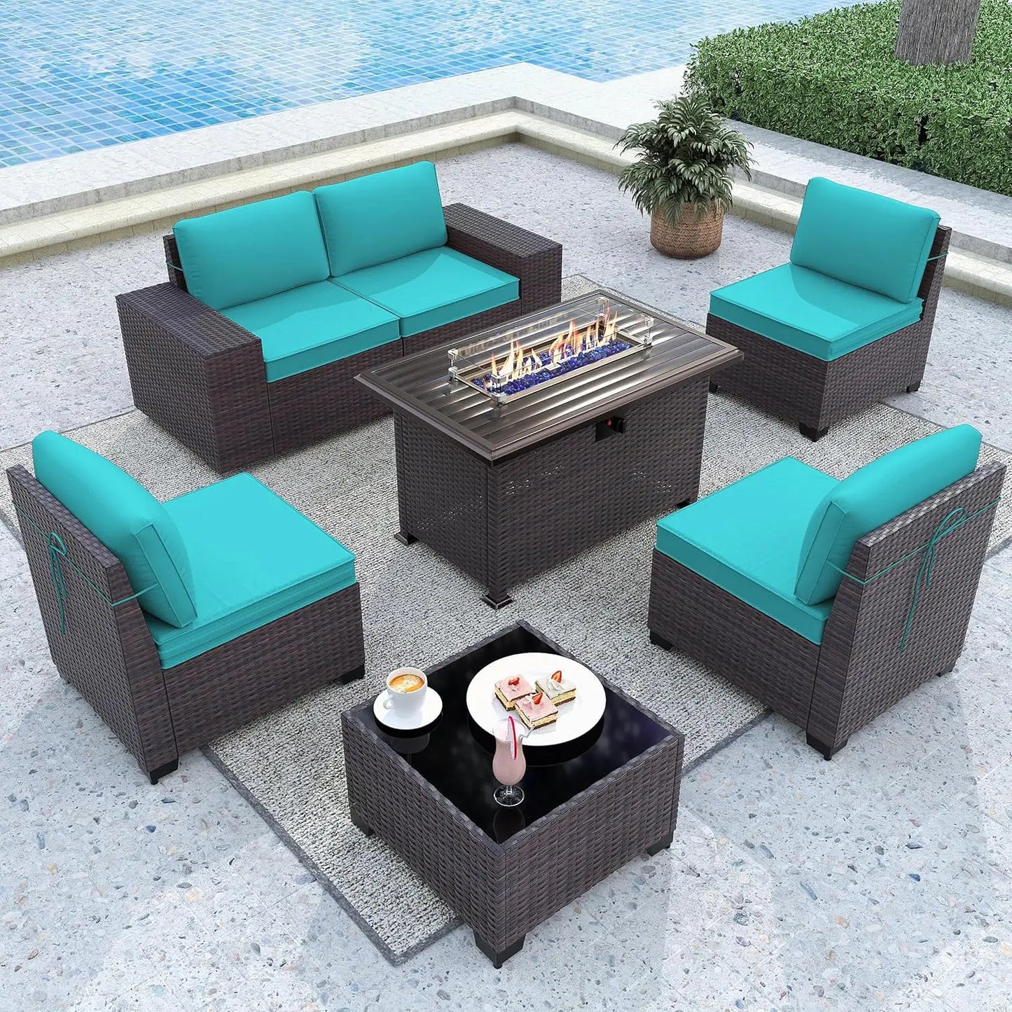 XIAOLANG 7 Piece Patio Furniture Set With Fire Pit Table