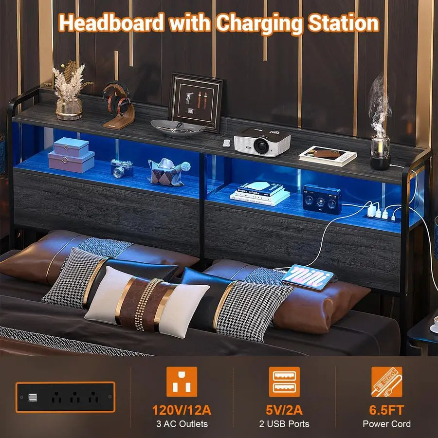 Headboard With USB Ports And LED Lighting For Bed Frame
