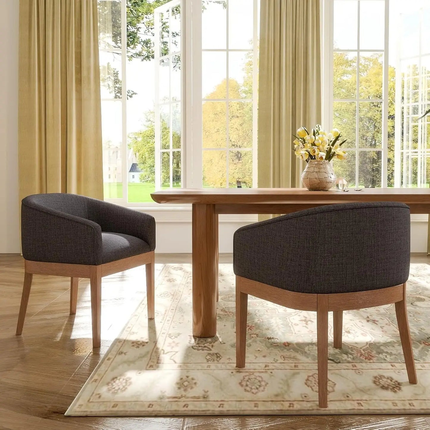 Mid Century Modern Linen Upholstered Dining Chairs Set Of 2