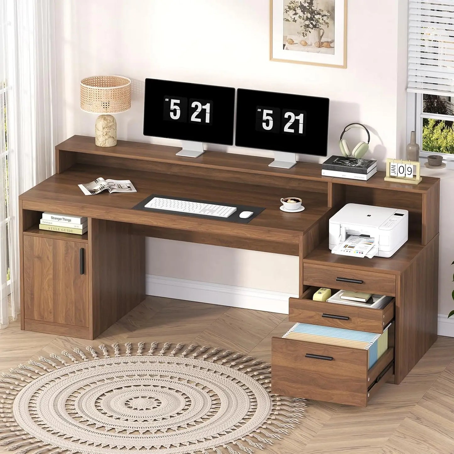 L Shape Computer Desk With 3 Drawers And Storage Shelves