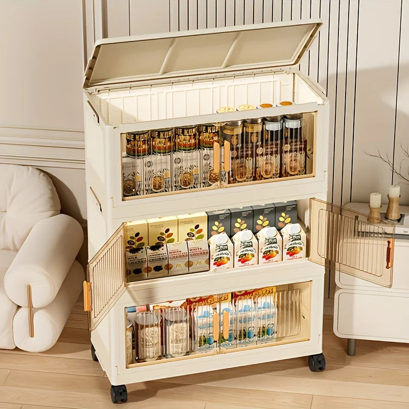 Three To Five Tier Foldable Cabinet With Lidded Storage On Wheels Stackable