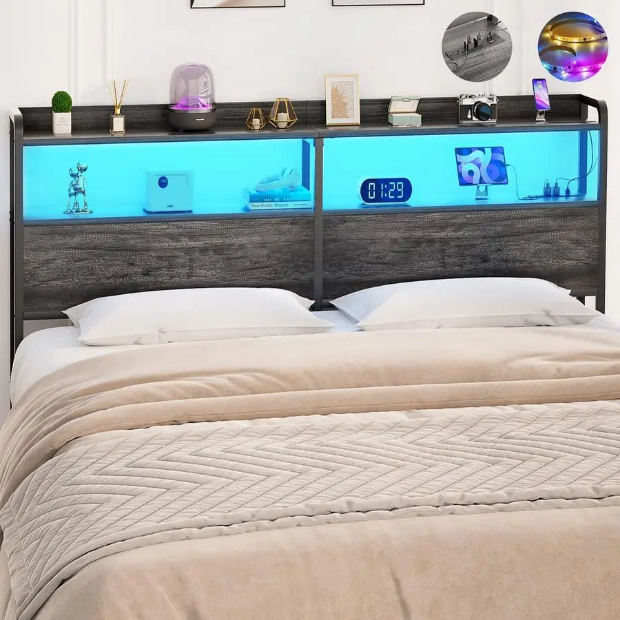 Headboard With USB Ports And LED Lighting For Bed Frame