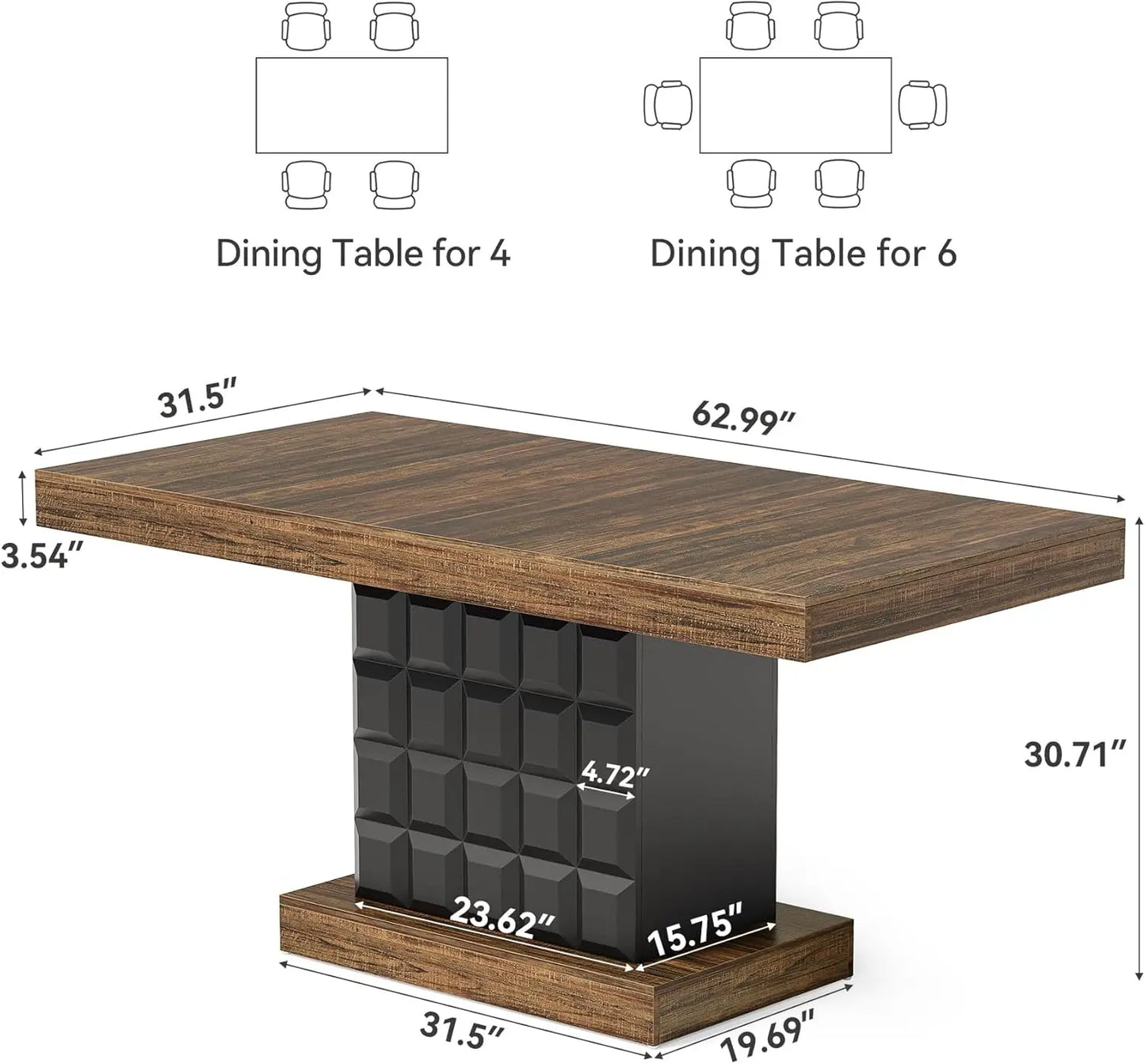 Modern Rectangular Farmhouse Dining Table With Sturdy Wood Pedestal