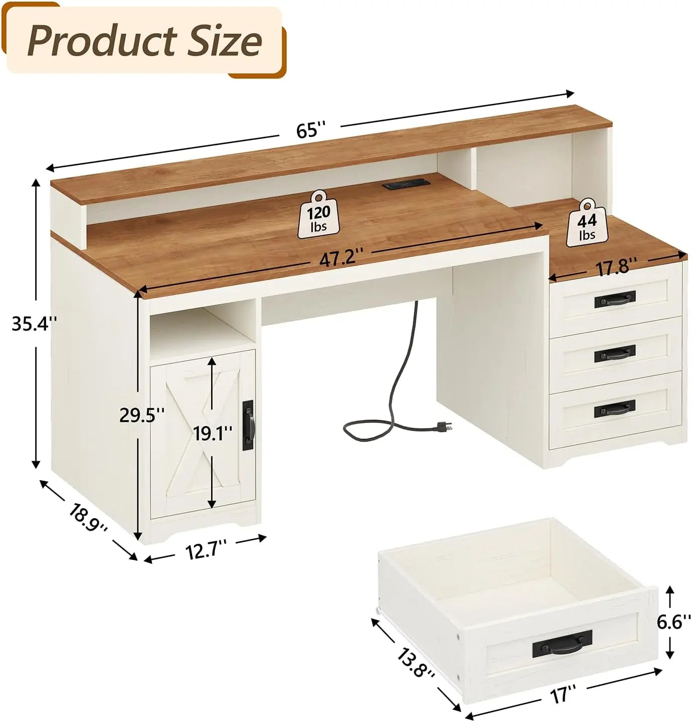 Farmhouse Computer Desk With Drawers And Power Outlets