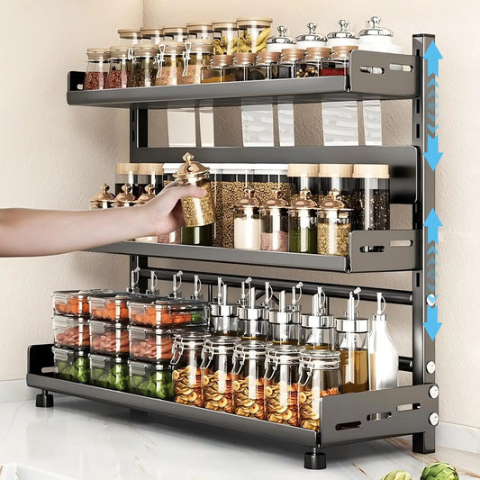 Three Tier Height Adjustable Vertical Spice Rack Rustproof Metal Storage