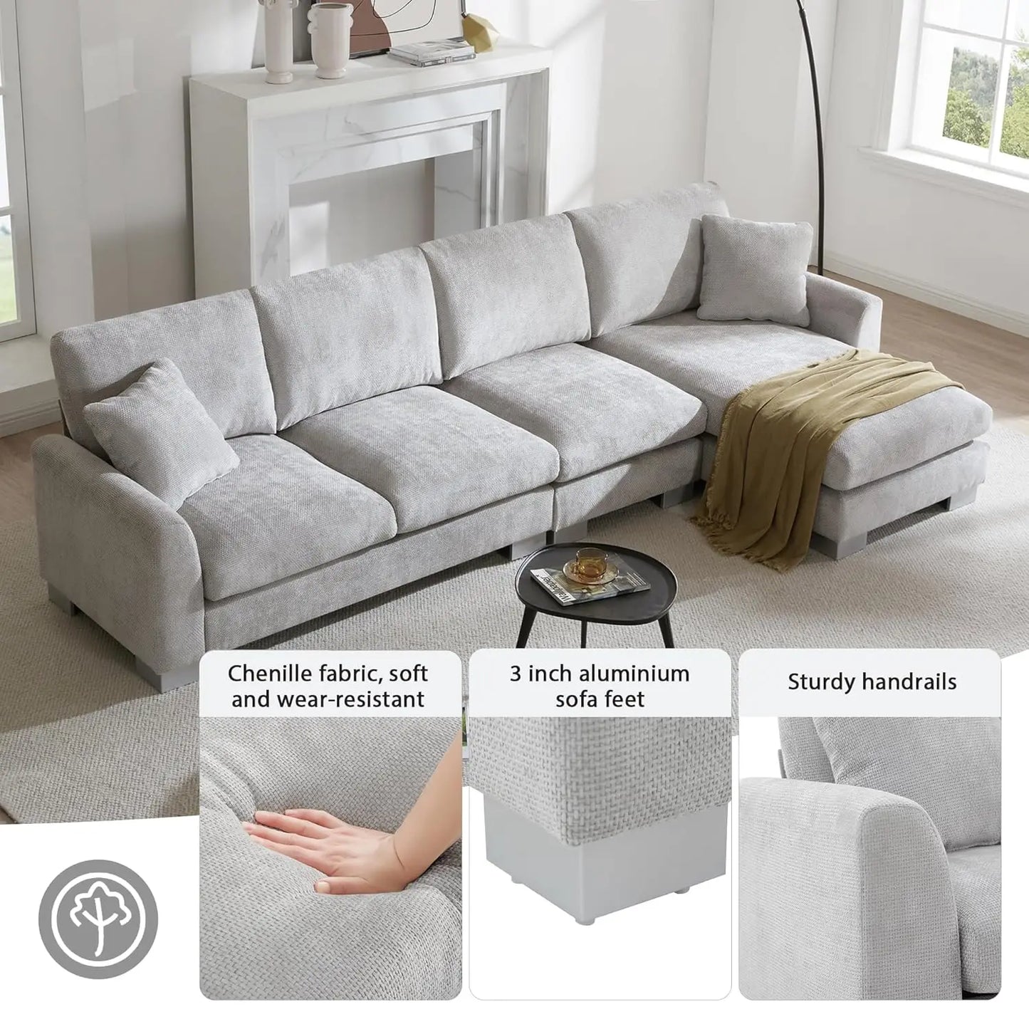 Modern L Shaped Chenille Sectional Sofa Set With Free Pillows