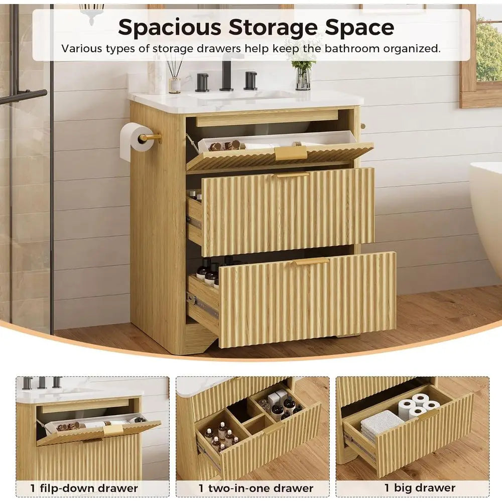 Freestanding Bathroom Vanity With Ceramic Sink And Storage Drawers