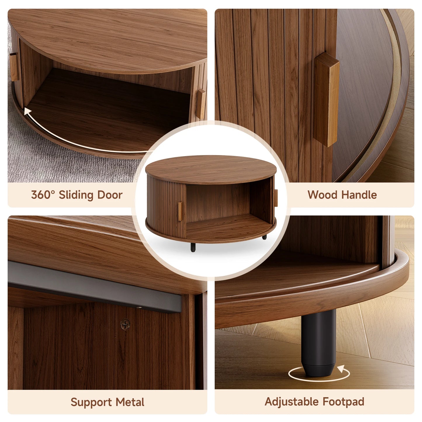 ONBRI Round Coffee Table With Storage And Curved Sliding Door