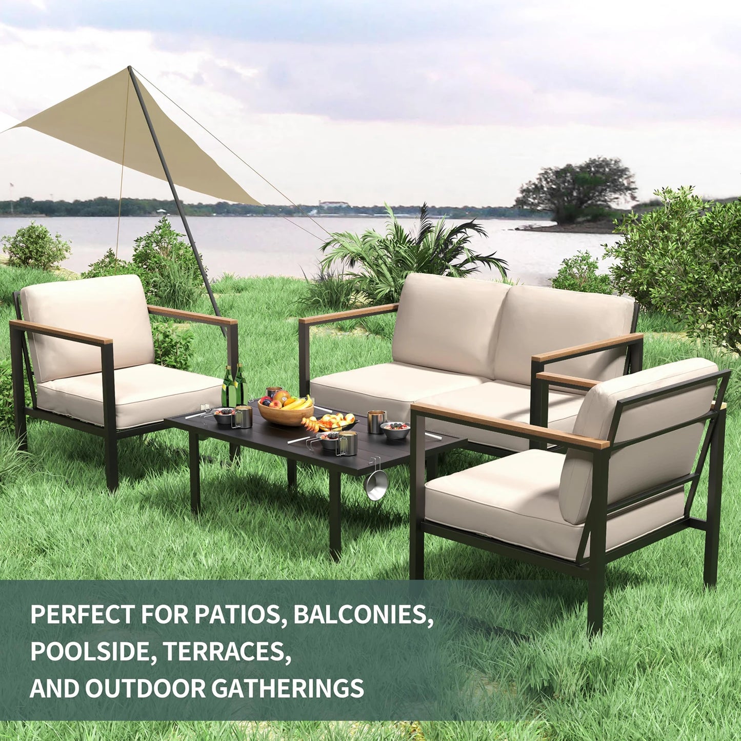 HiMISS 4-Piece Outdoor Metal Patio Set with Washable Cushions