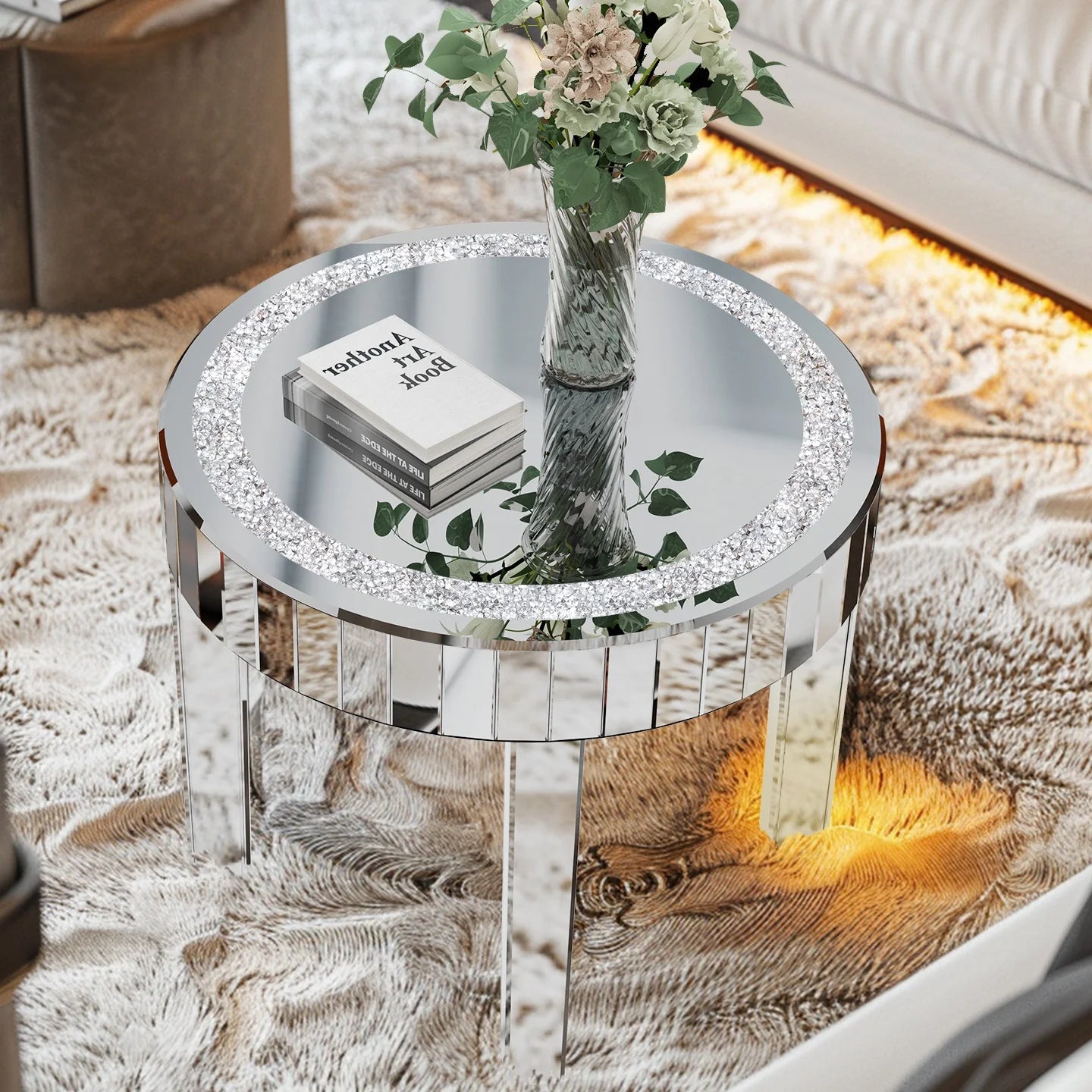 LUVODI Luxurious Contemporary Round Mirrored Accent Side Table CrystalQuartz Inlays
