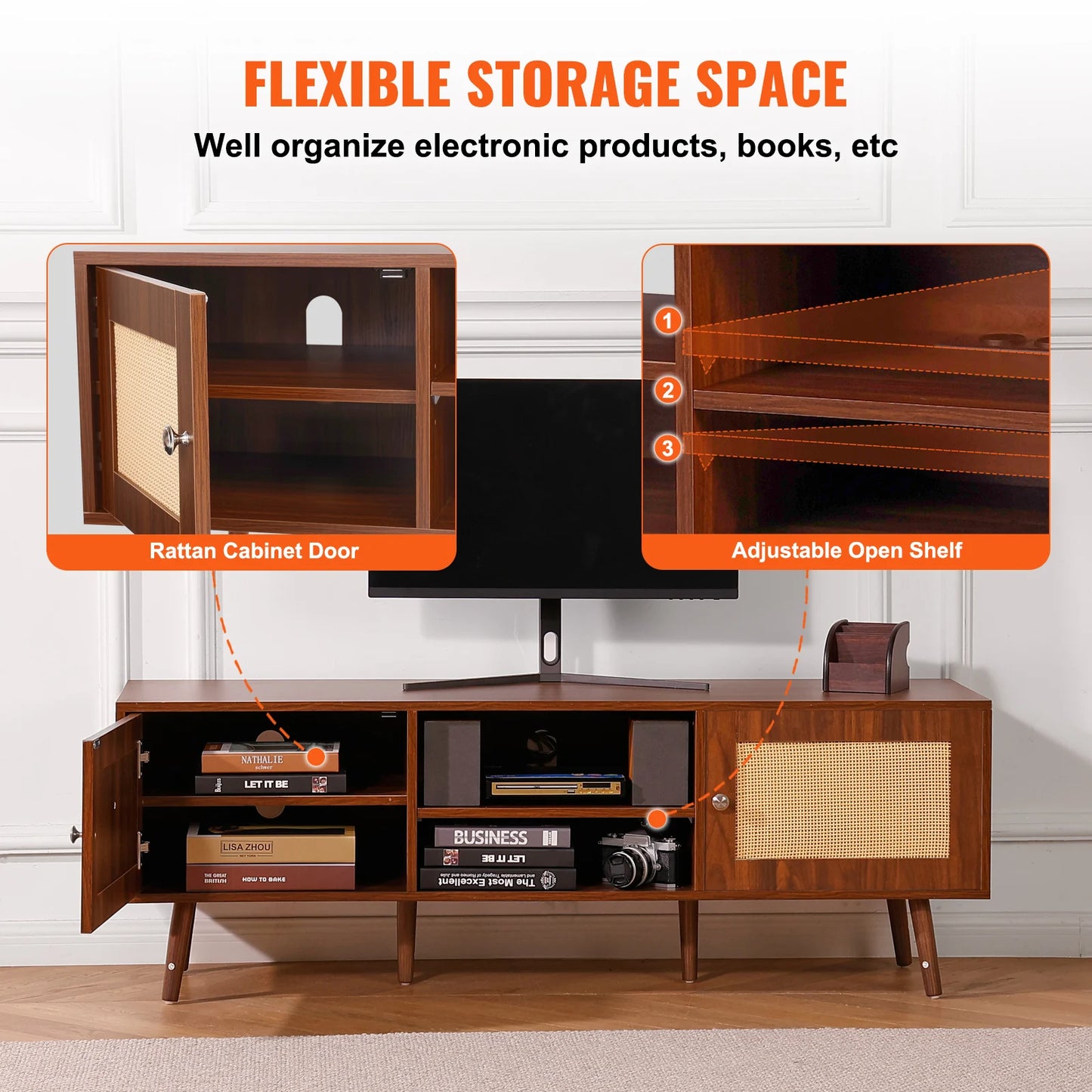 SucceBuy Rattan TV Stand With Built-In USB Ports and Shelves