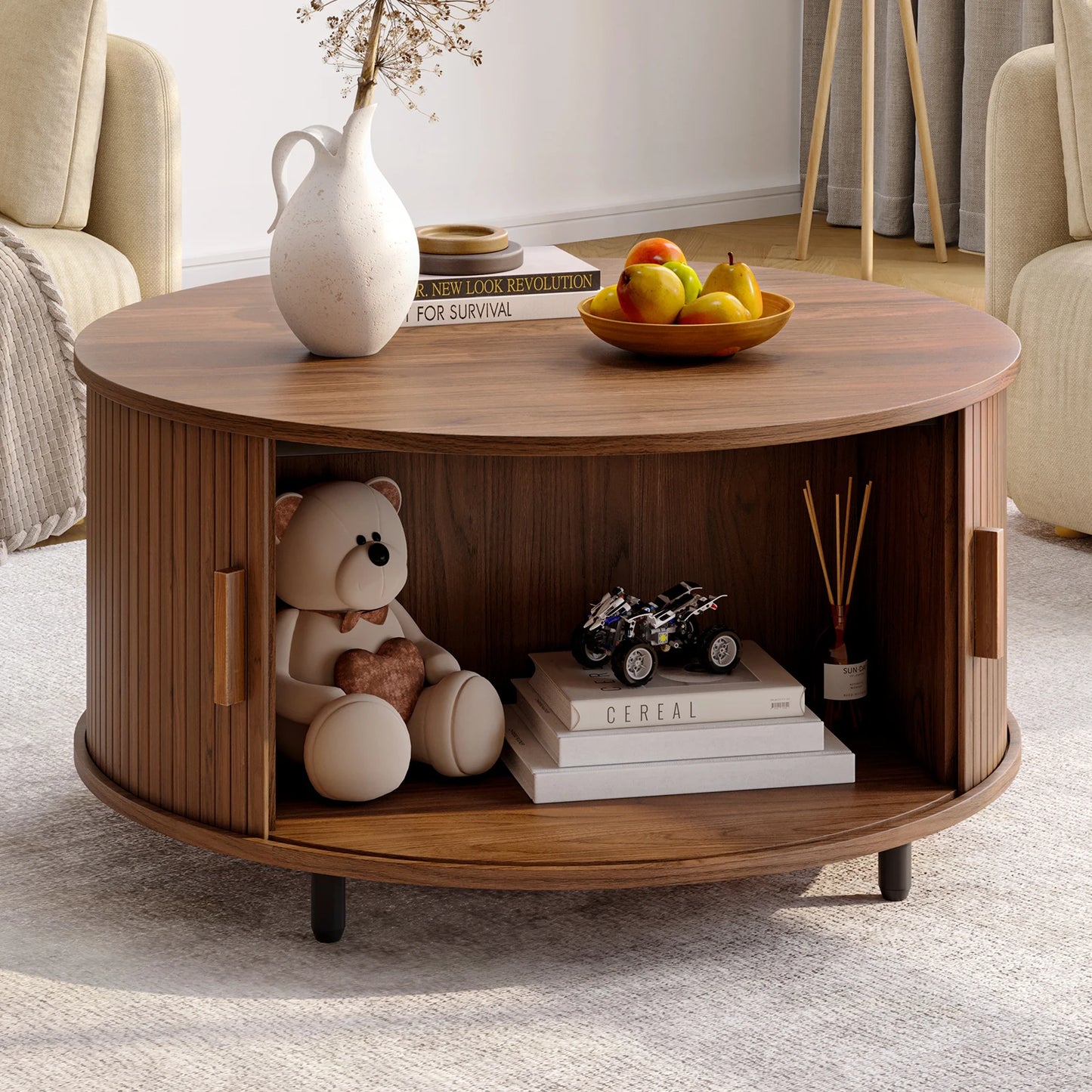 ONBRI Round Coffee Table With Storage And Curved Sliding Door