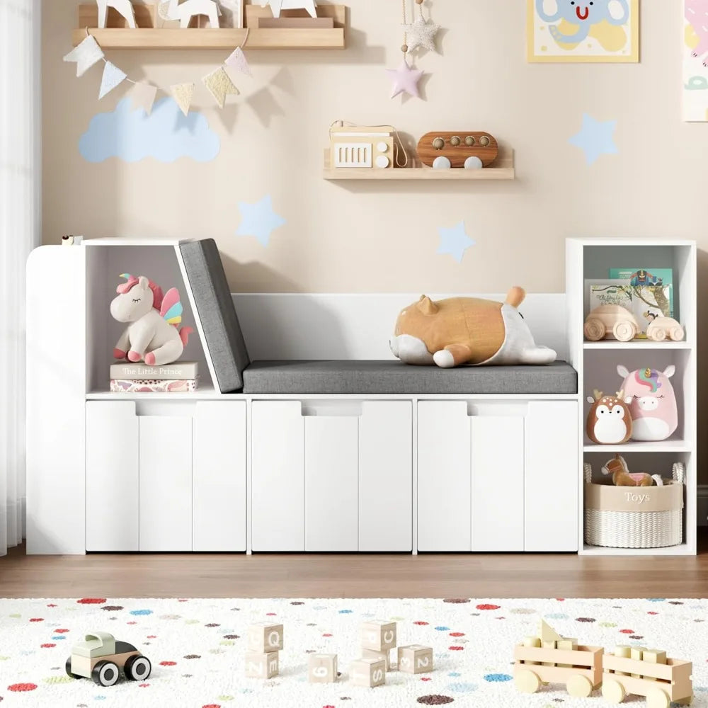 Kids Reading Nook With Bookshelf, Bench And Rolling Drawers For Playroom Storage Solutions