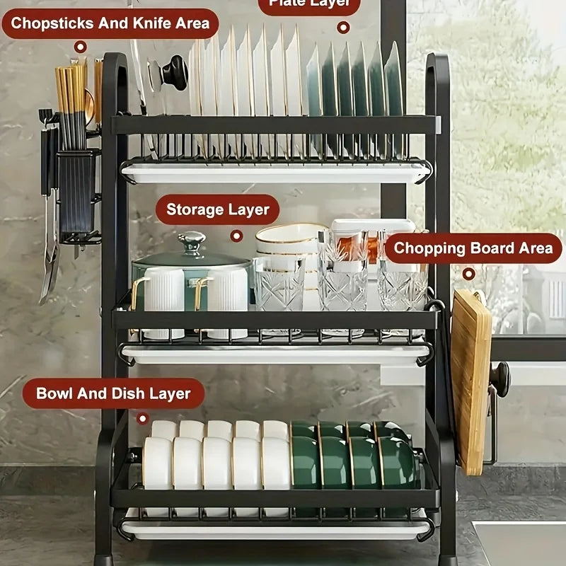 Three-Tier Dish Rack For Kitchen Countertop And Plates