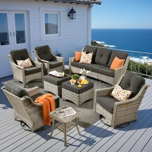 6 Piece All Weather Patio Outdoor Furniture Set Wicker Rattan Sofa Ottoman