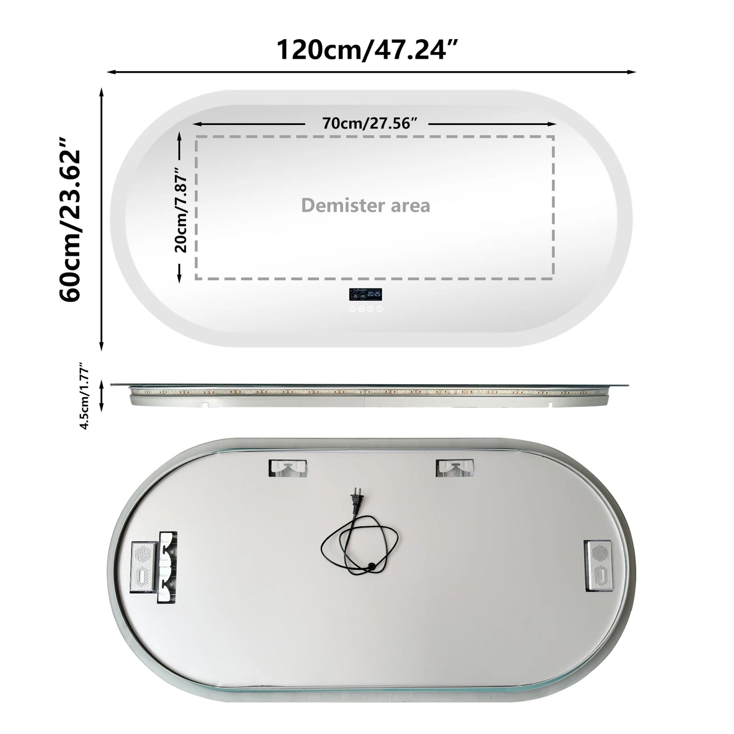 Oval LED Bathroom Mirror Wall-Mounted With Bluetooth Speaker Digital Display