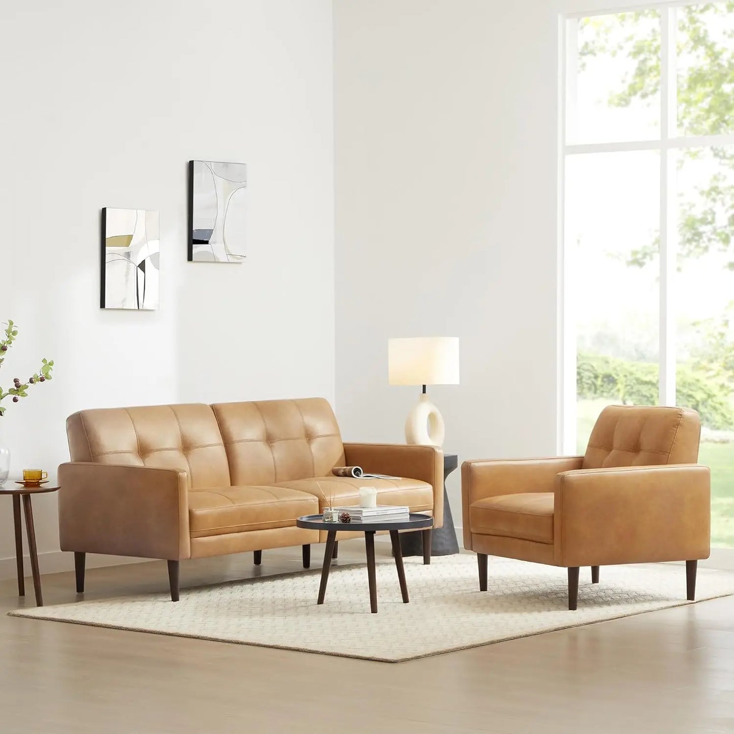 Chengwei Mid Century Faux Leather Sofa Set For Living Room