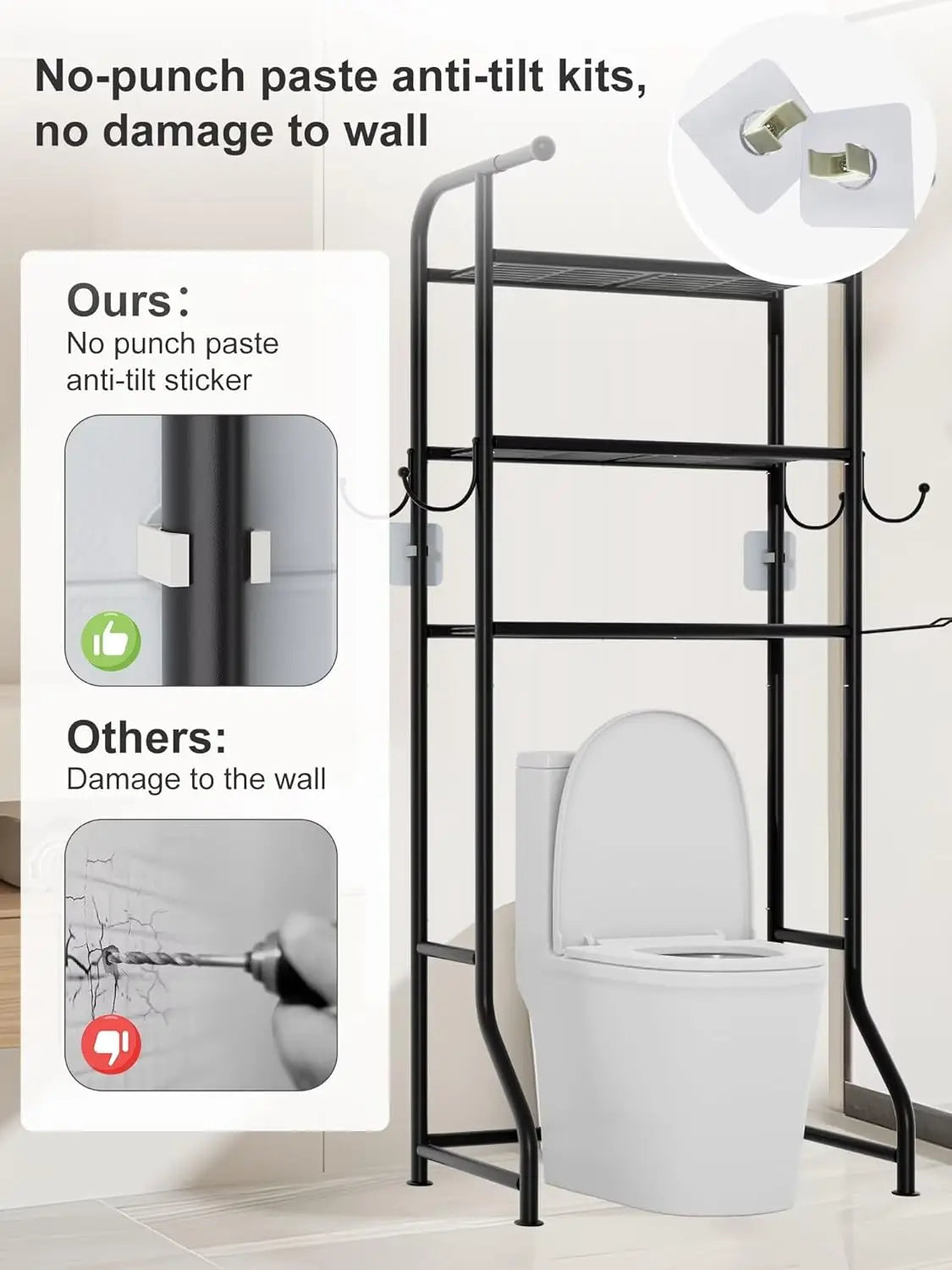 Over Toilet Storage Shelf Organizer With Metal Hooks Paper Holder