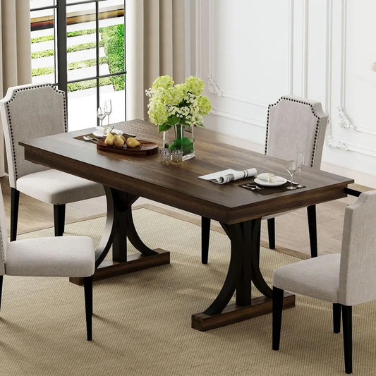 Wooden Dining Table For 6-8 With Double Pedestal Drawers