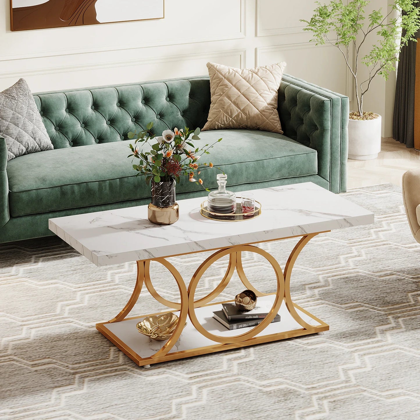 Tribesigns Rectangle Coffee Table Modern 2Tier Faux Marble Wood LivingRoomFurniture