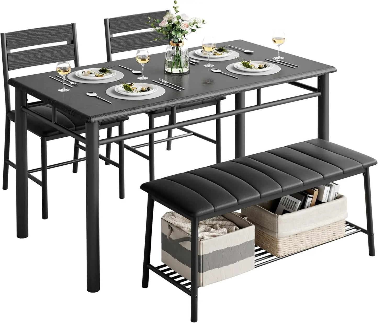 IRONCK Dining Table Set For Small Space With Upholstered Bench And 2 Chairs