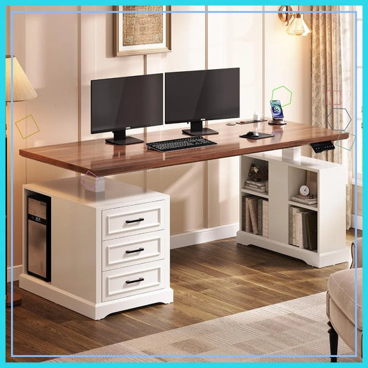 Electric Standing Desk With Drawers Shelves Outlets Adjustable Height