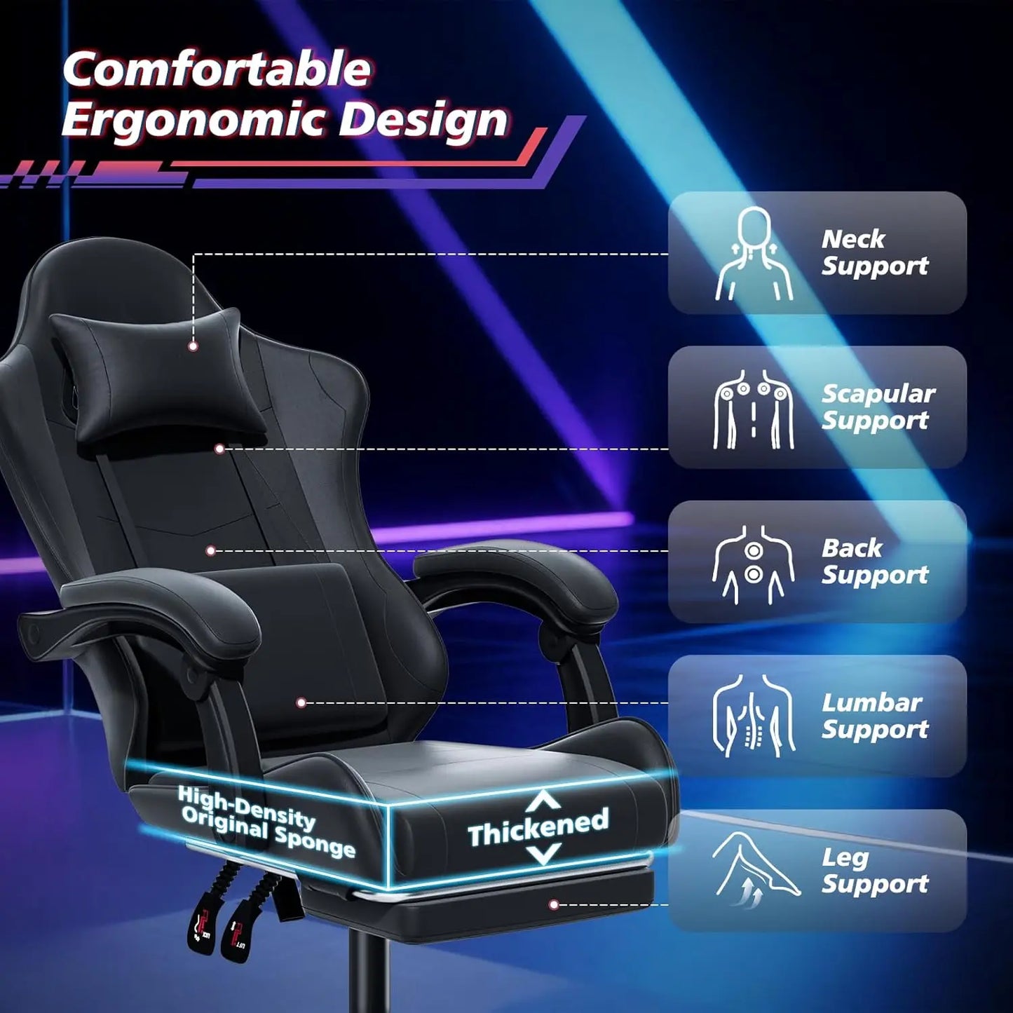 Ergonomic Gaming Chair for Adults with Footrest and Headrest