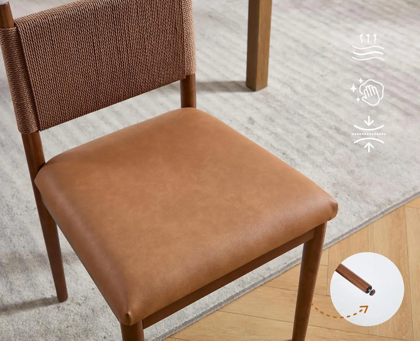 Rattan Dining Chairs Set of 2 With Leather Upholstery and Woven Back