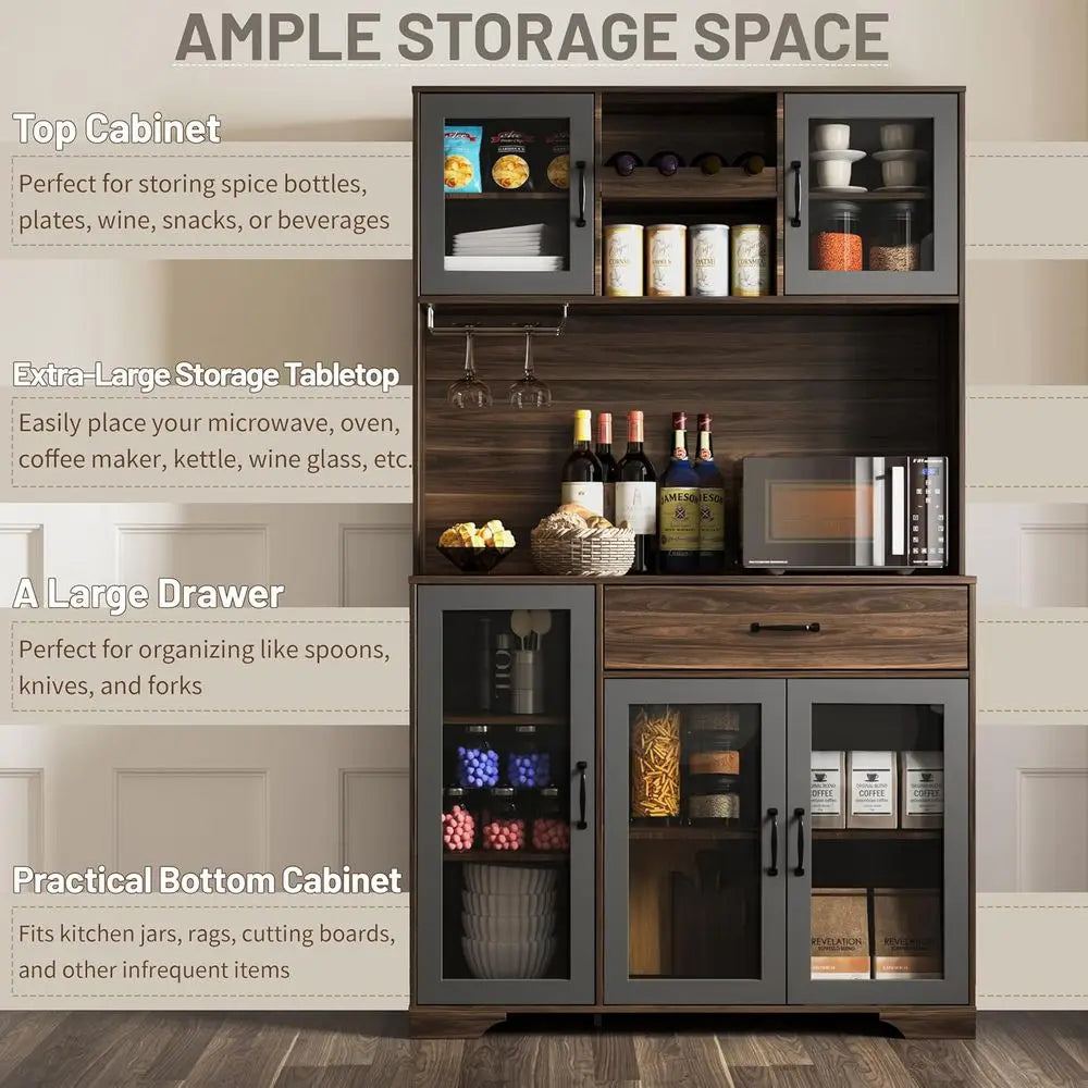 LZJV Kitchen Pantry Cabinet Coffee Bar Wine Rack LED Lights