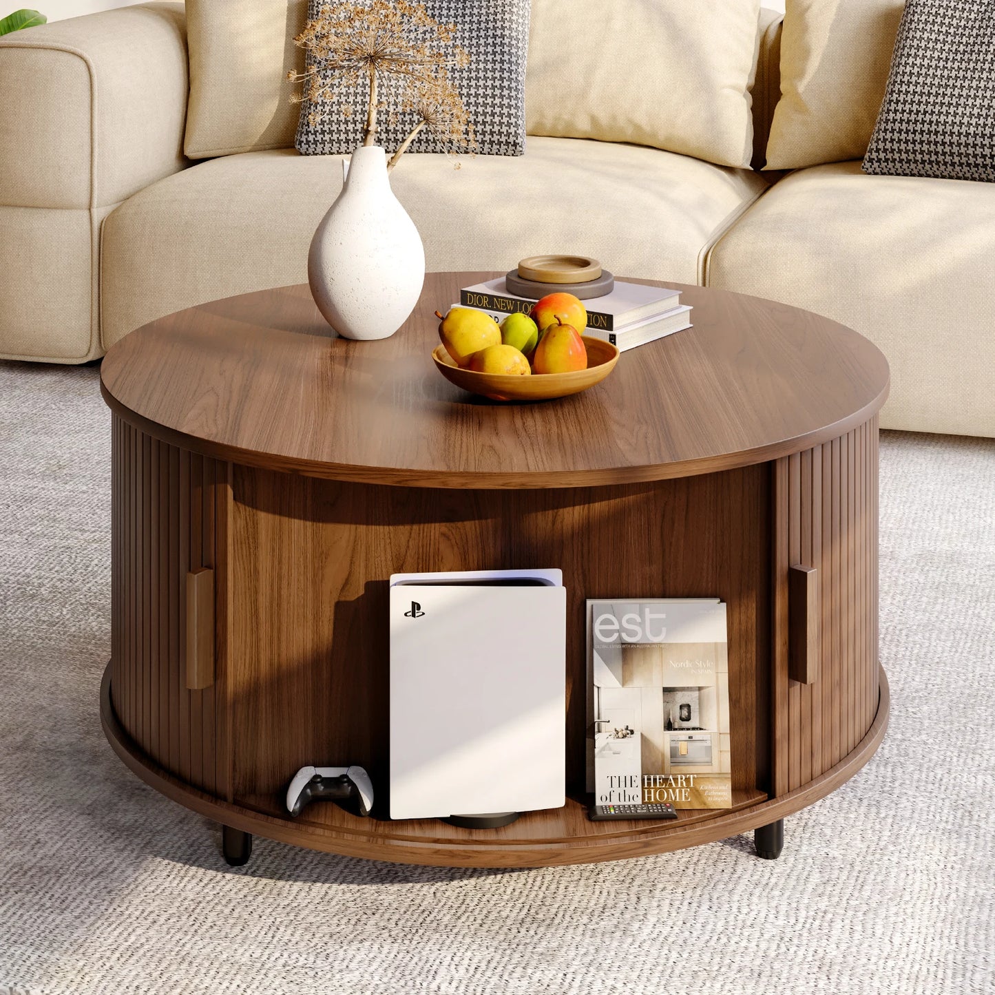 ONBRI Round Coffee Table With Storage And Curved Sliding Door