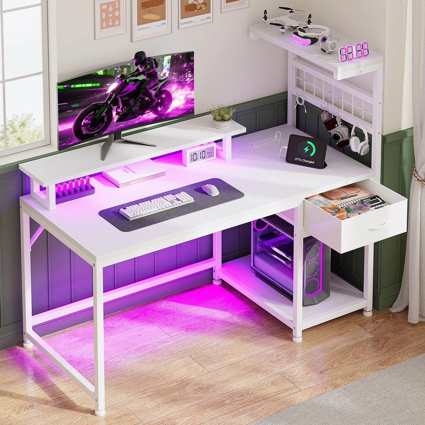 EnHomee Gaming Computer Desk With Power Outlets And RGB LED