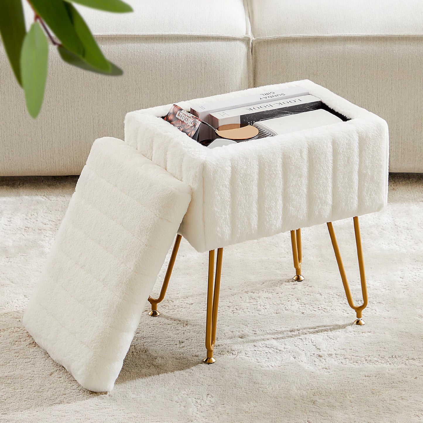 JHK Faux Fur Hidden Storage Ottoman Stool With Metal Legs