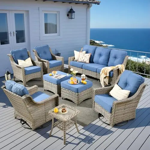 6 Piece All Weather Patio Outdoor Furniture Set Wicker Rattan Sofa Ottoman