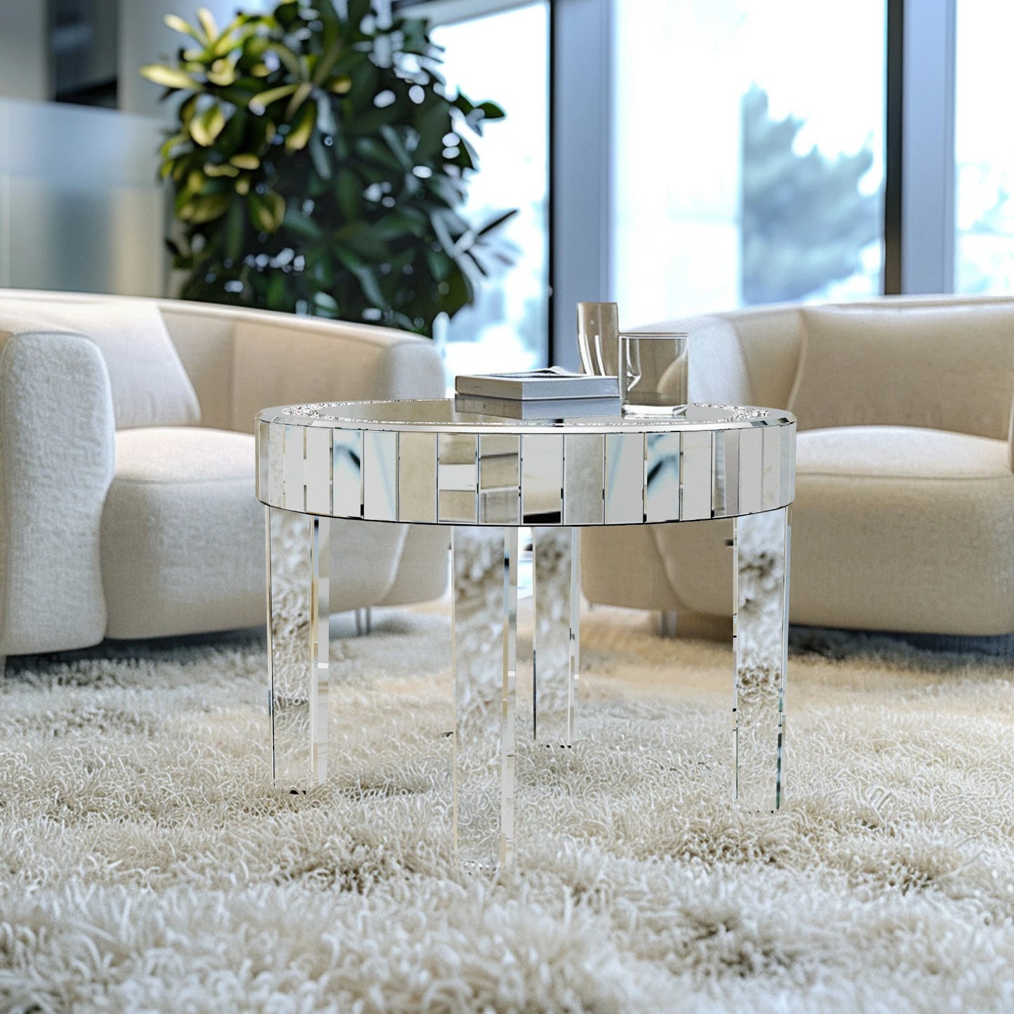 LUVODI Luxurious Contemporary Round Mirrored Accent Side Table CrystalQuartz Inlays