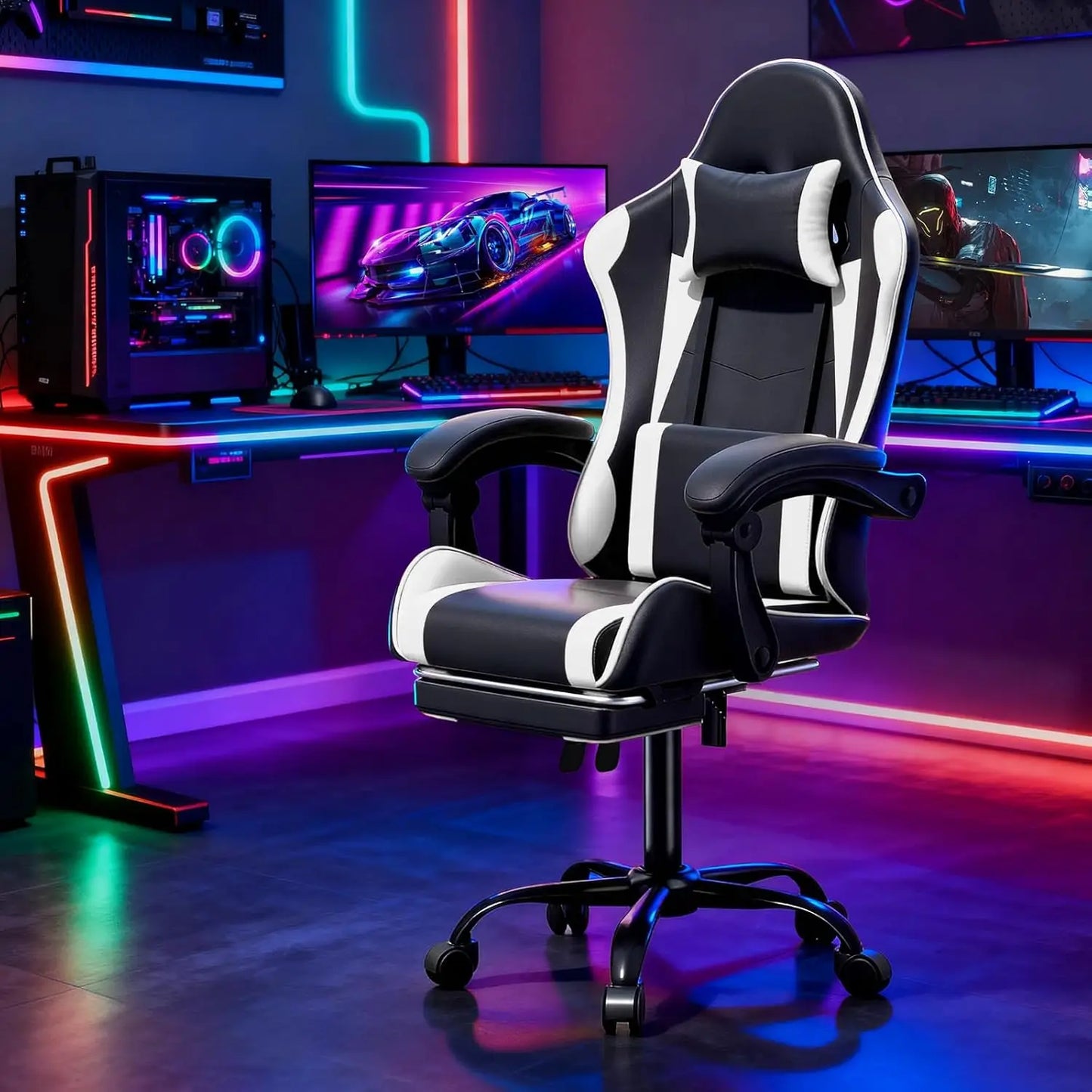 Ergonomic Gaming Chair for Adults with Footrest and Headrest