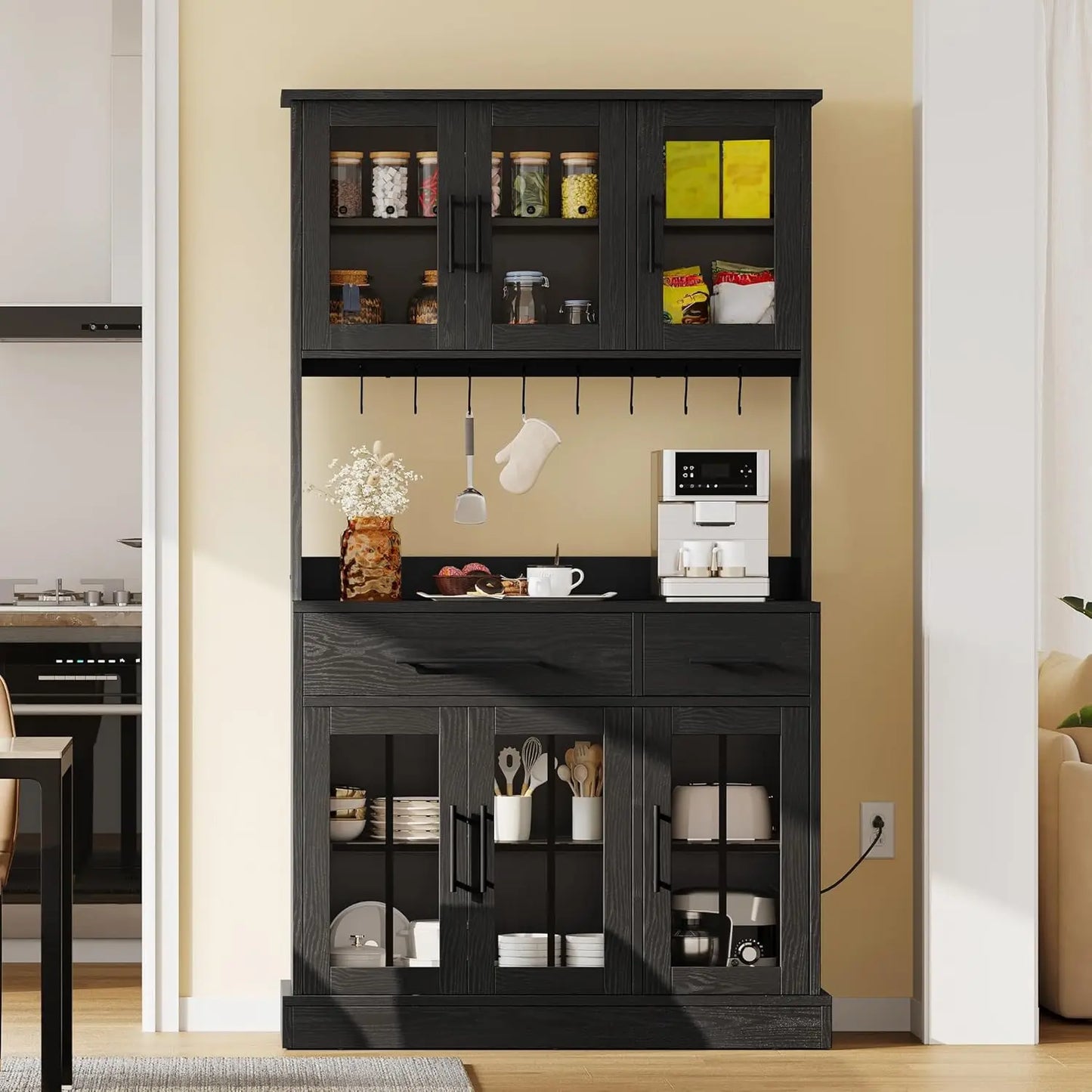 Modern Kitchen Pantry Storage Cabinet With Freestanding Microwave Stand ElectricalOutlet