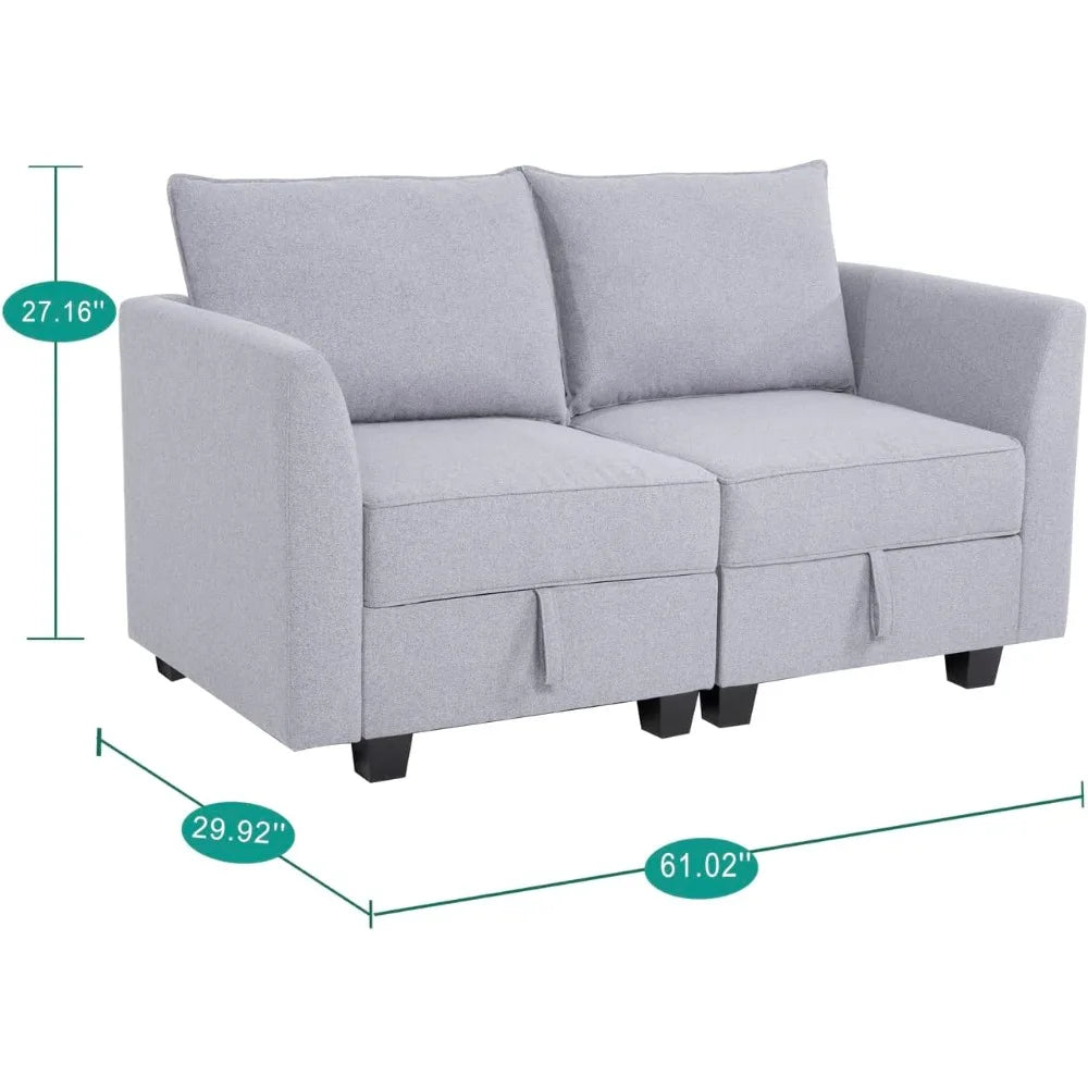 Modular Linen Loveseat Sofa With Extendable Sleeper Bed