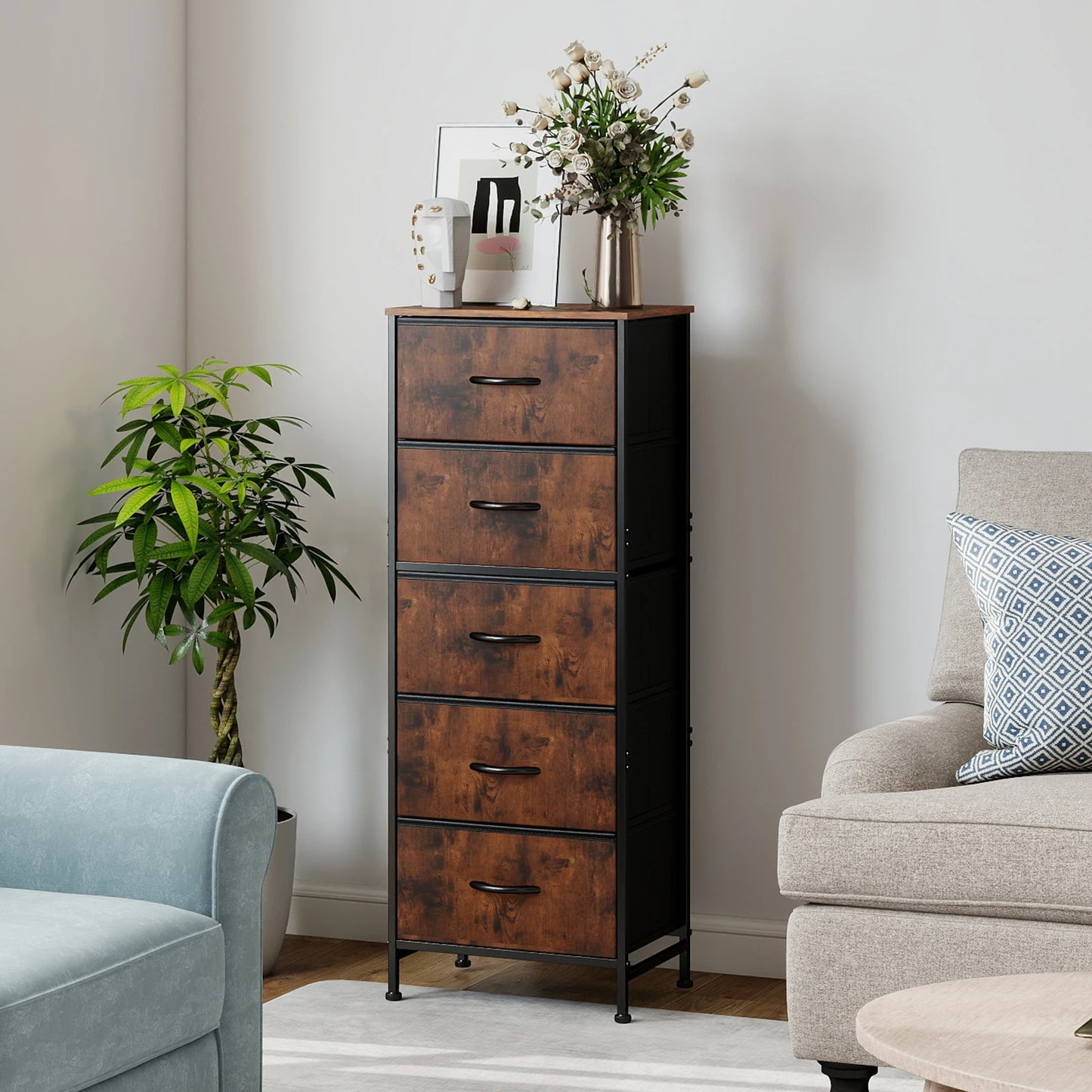 JHK Five-Drawer Dresser With Fabric Drawers And Steel Frame