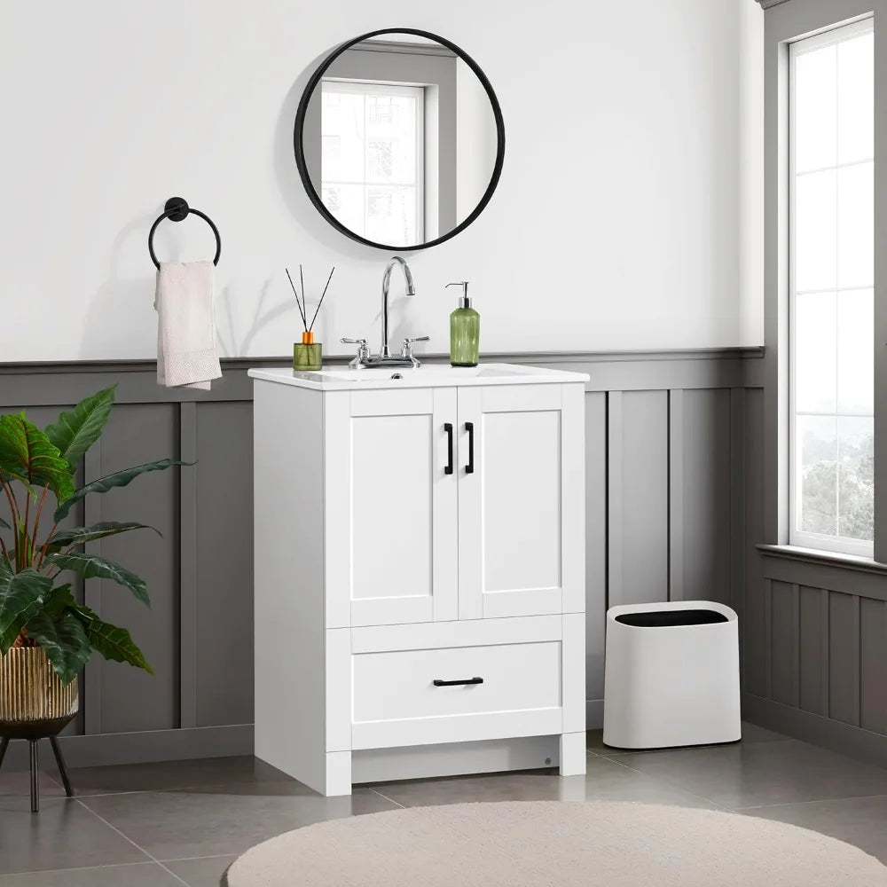 Bathroom Vanity With Ceramic Sink Cabinet Two Doors And Drawer